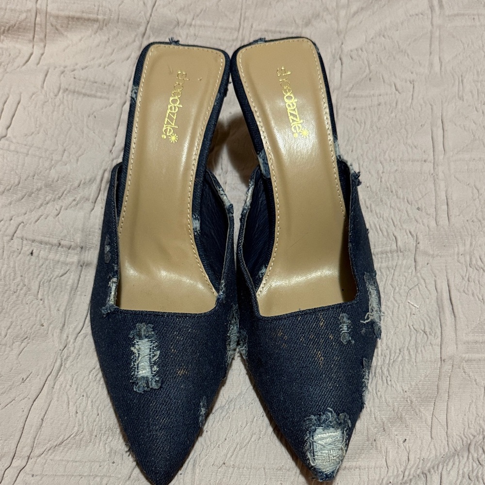 Denim Sahara Distressed Denim Mules 11